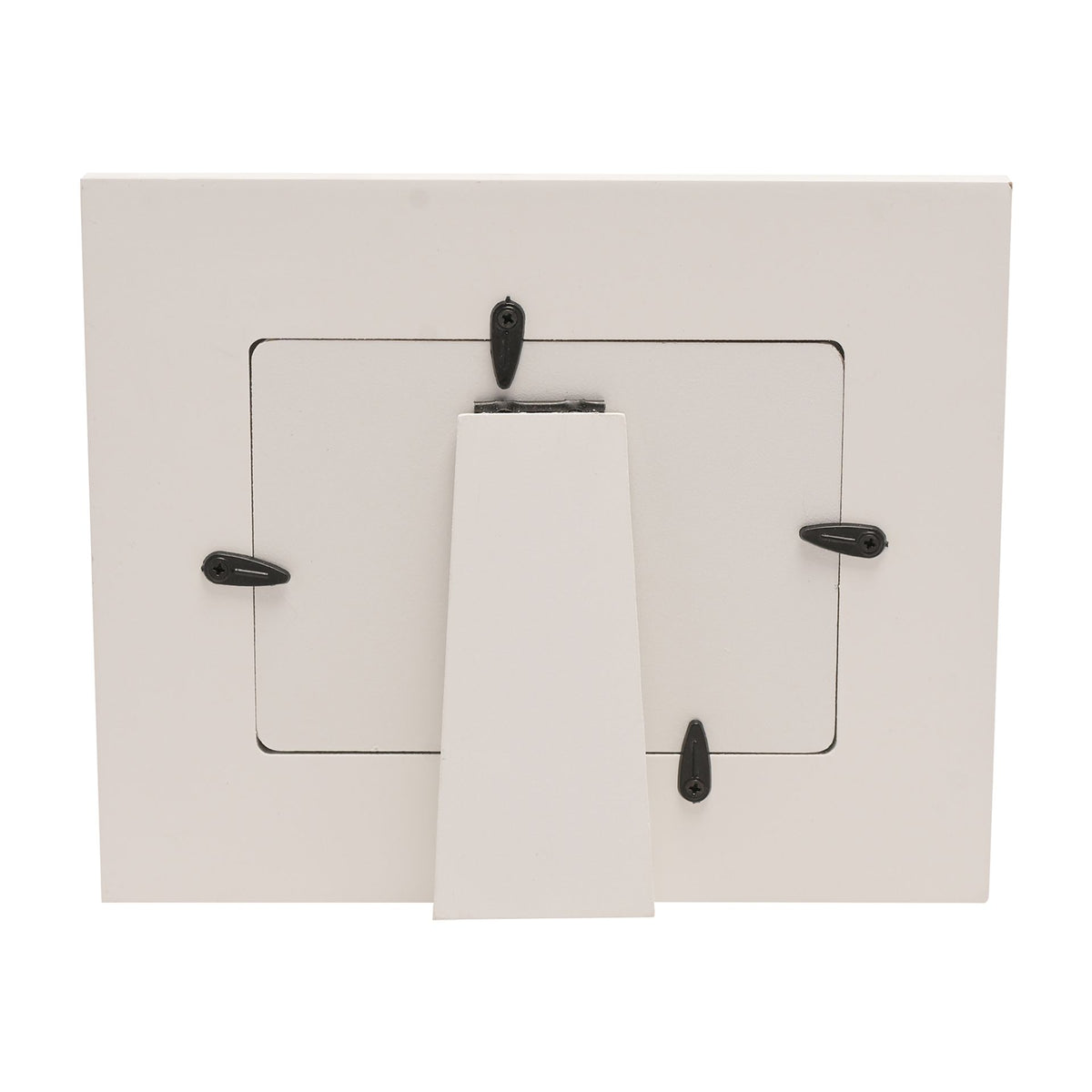 Photo frame with clear window, white backing card, and black star corner hooks