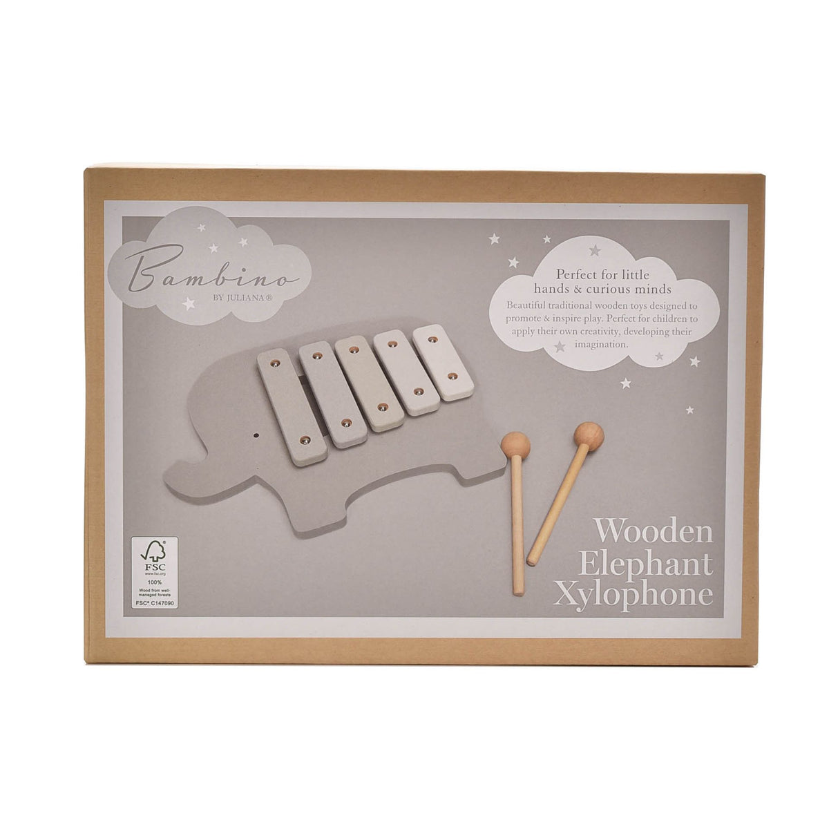 Wooden elephant xylophone toy box with illustrated elephant and five xylophone bars