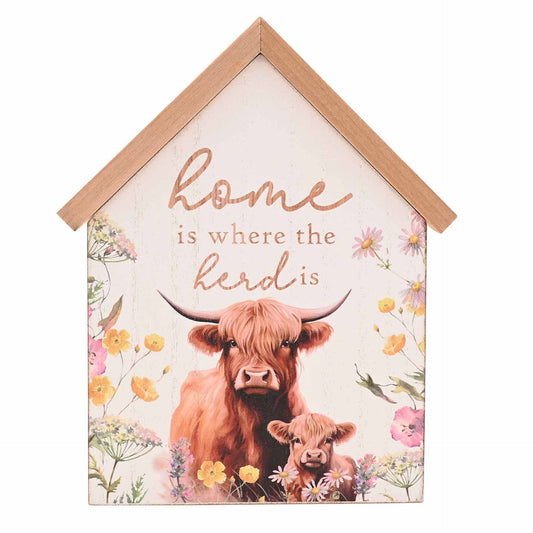 Country Living Highland Cow House Shaped Plaque "Home is where the Herd is"
