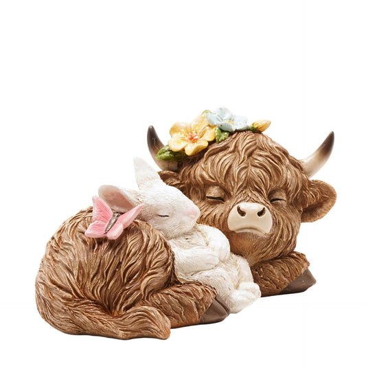 Country Living Sleeping Highland Cow With Spring Bunny