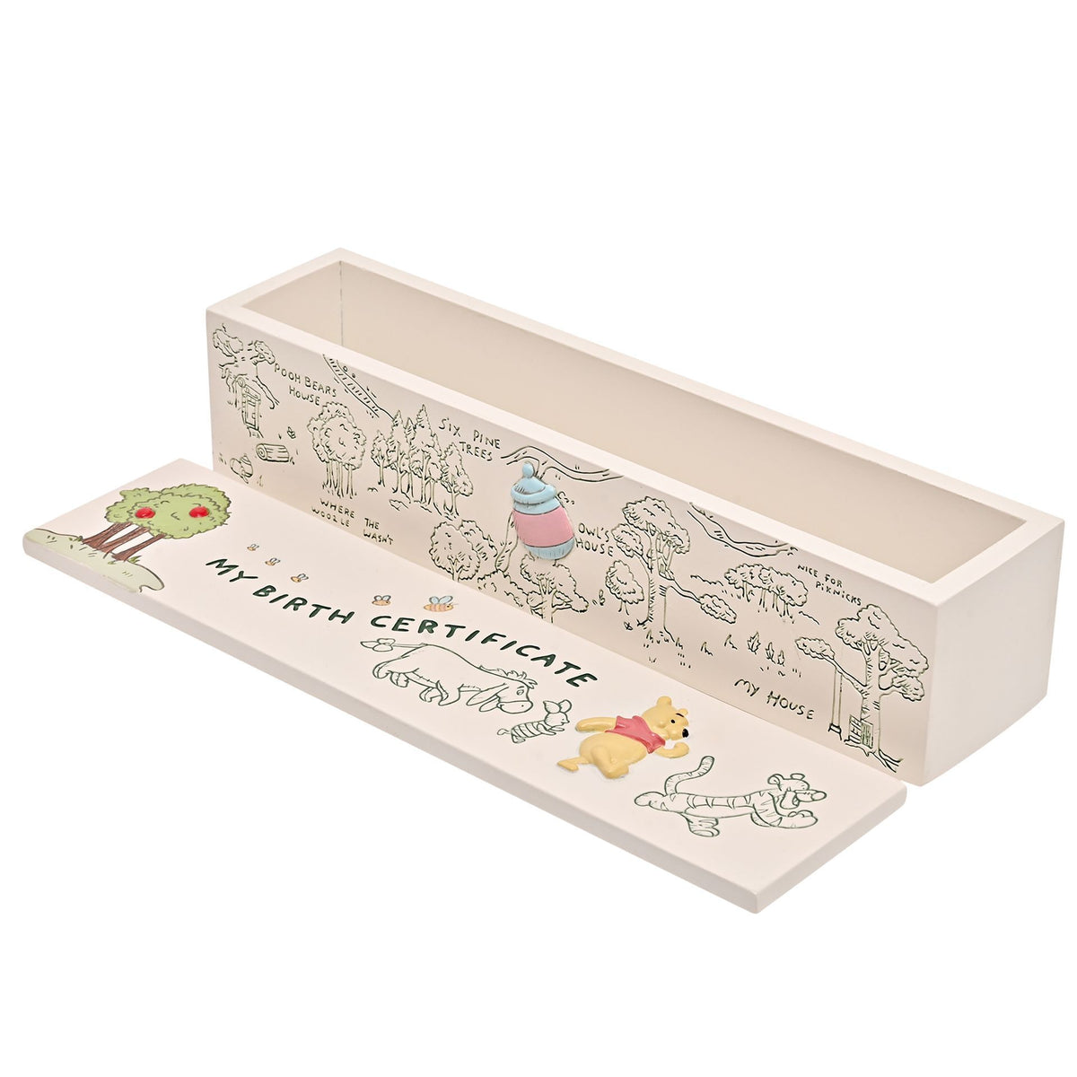 My Birth Certificate tube with Pooh and friends print, empty open-top cream case