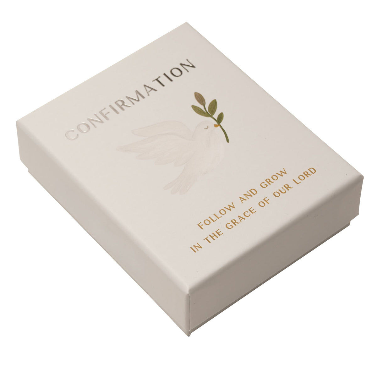 White confirmation gift box lid with dove graphic and olive branch