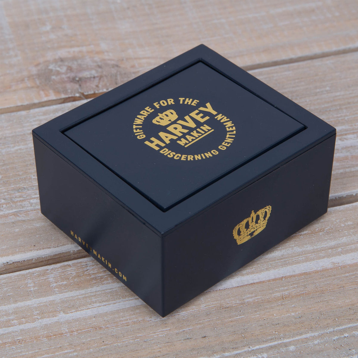 Harvey Makin cufflinks gift box with logo and slogan printed on lid