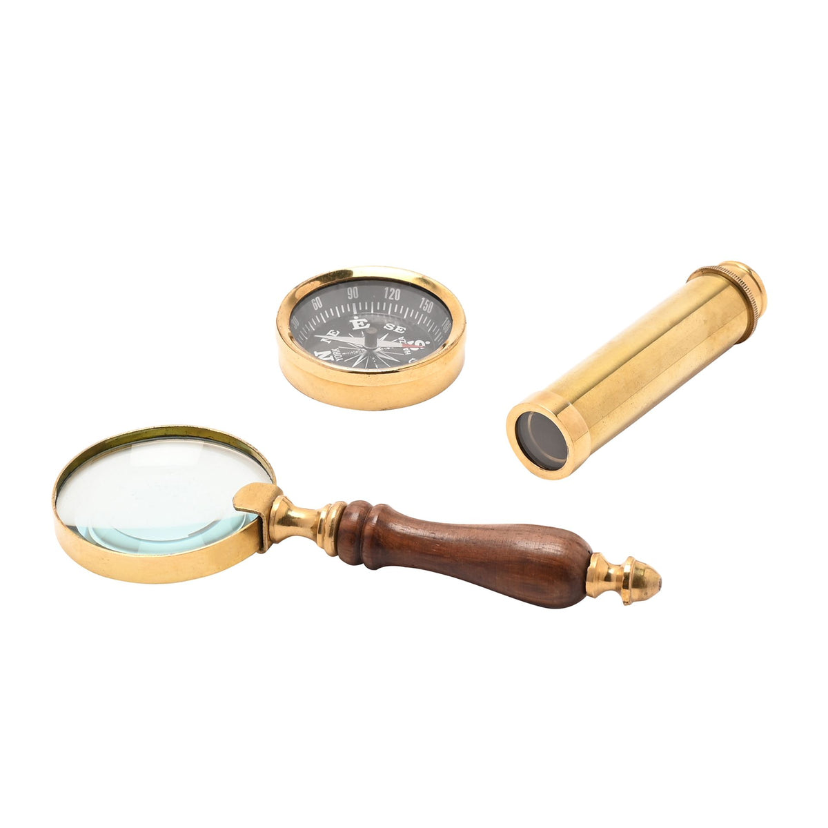 Telescope tube, compass dial, and magnifying glass with wooden handles, brass