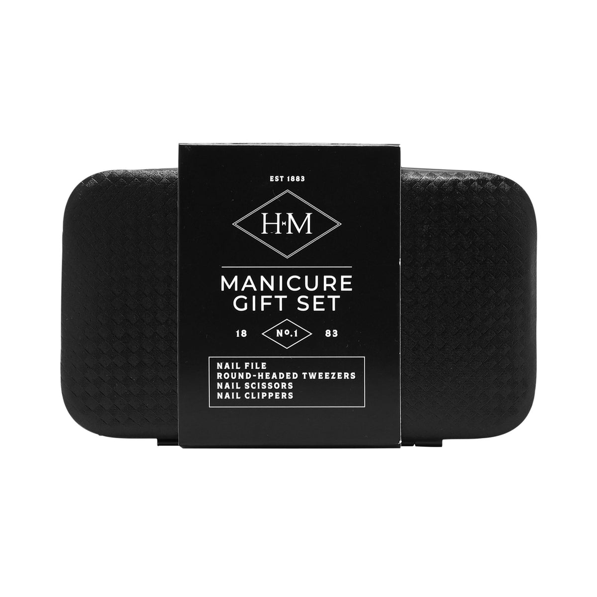 Black manicure gift set case with HM label: nail file, tweezers, clippers, scissors