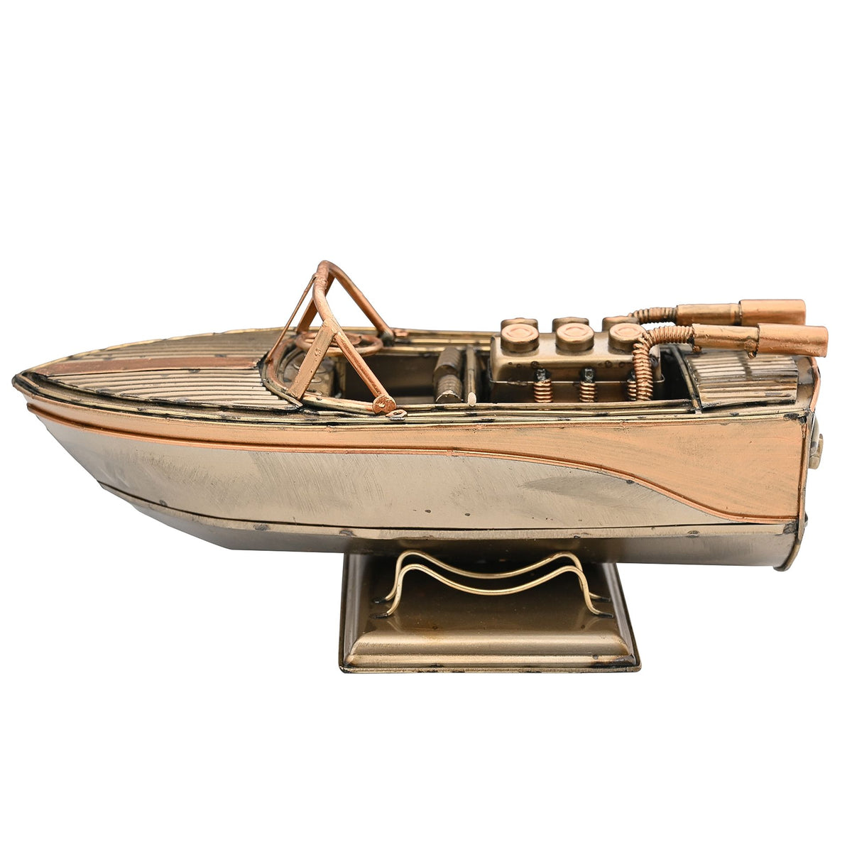 Speed boat ornament with open deck, steering frame, and striped hull