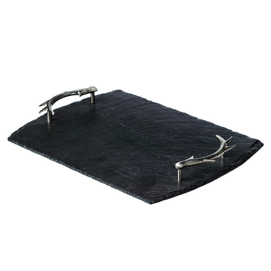 Black slate serving tray with raised silver antler handles on corners.