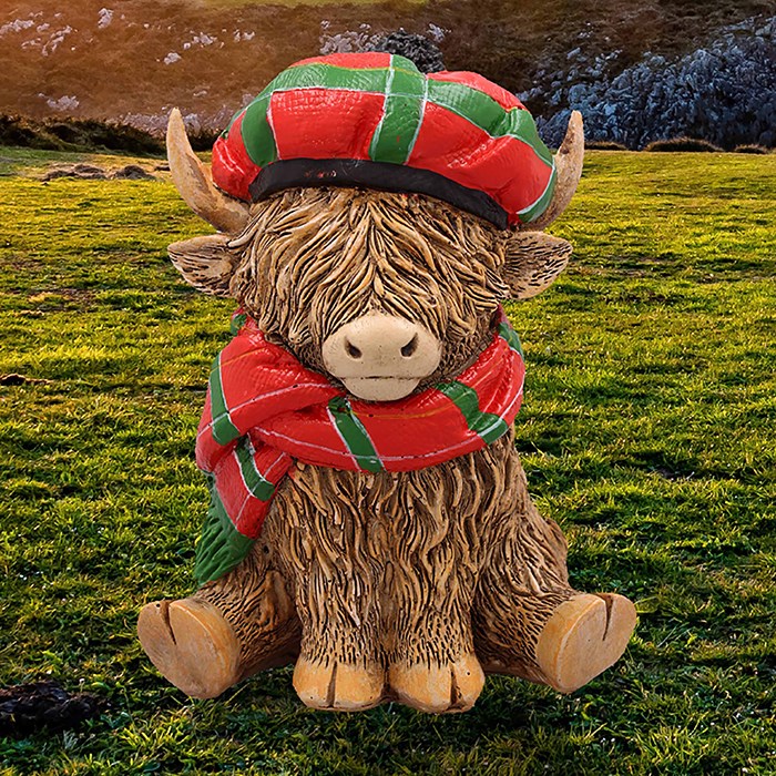Happy Highland Cow Ornament in Traditional Tartan Scarf & Hat