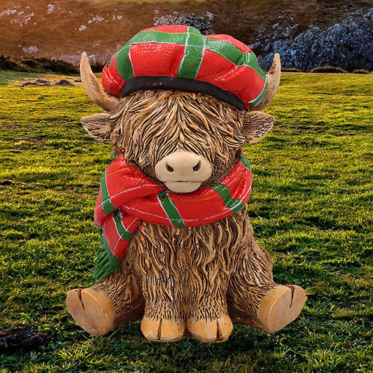 Happy Highland Cow Ornament in Traditional Tartan Scarf & Hat
