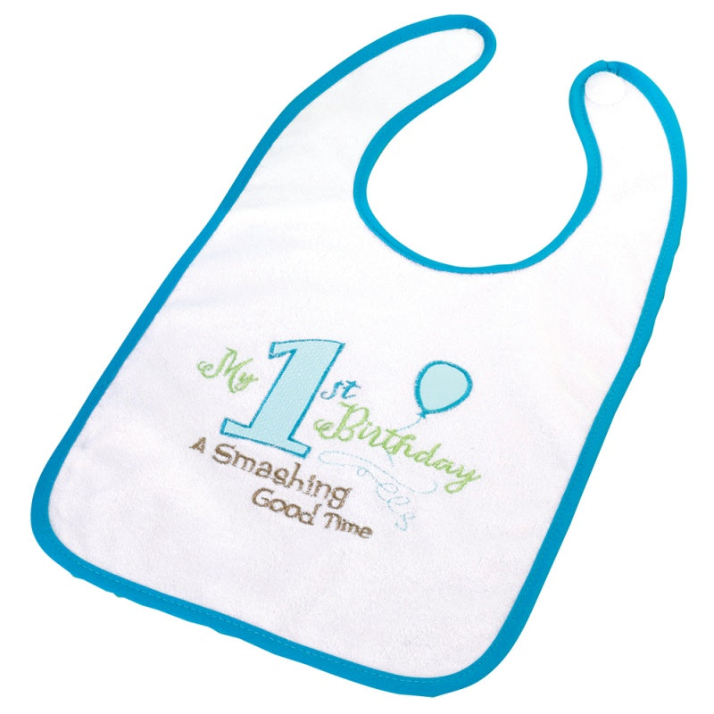 Lillian Rose First Birthday White Bib ~ Pink or Blue Trim