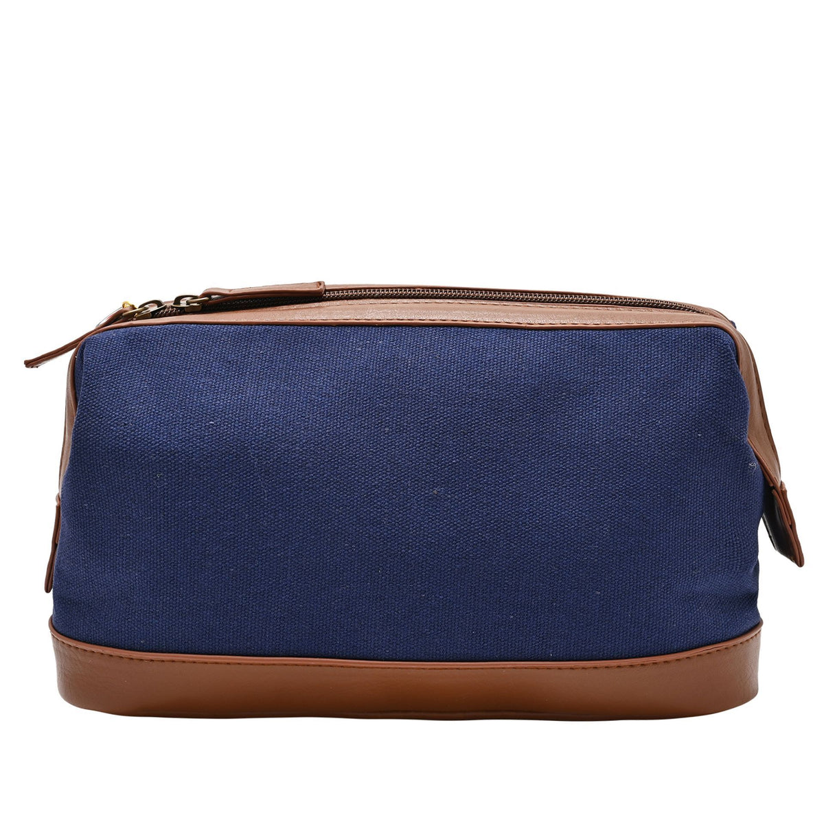 Blue canvas washbag with brown faux leather base and top zip, side carry handles