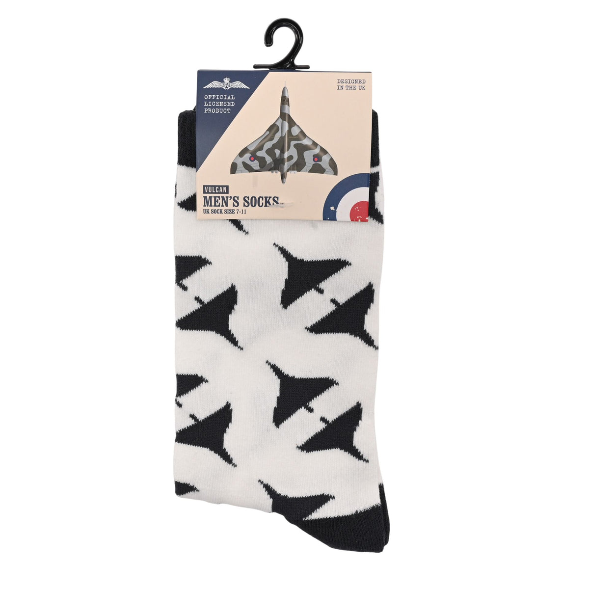 Packaged men's crew socks, white with black Vulcan-style triangle pattern, on a hook