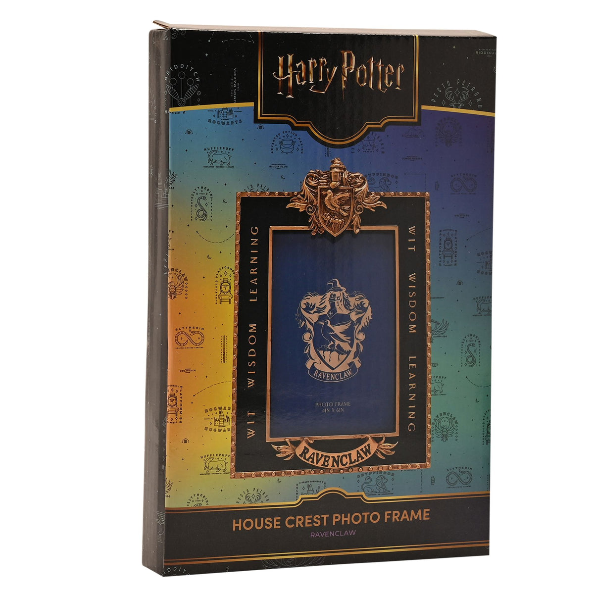 Harry Potter Ravenclaw house crest photo frame packaging with gold crest and blue design