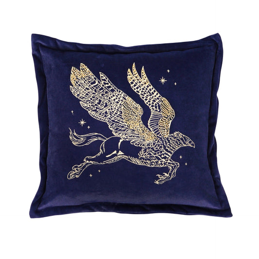 Velvet cushion in navy with gold embroidered Buckbeak winged creature and stars