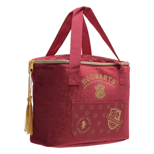 Burgundy Hogwarts Gryffindor lunch bag with side logo print, zipper top, tassel