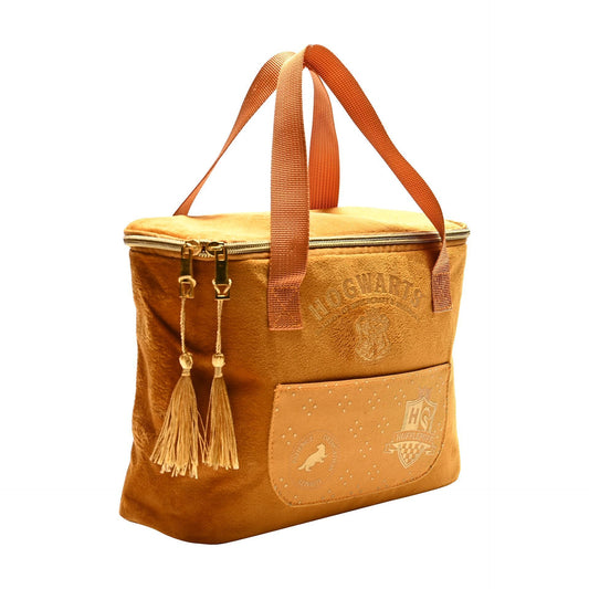 Orange-gold Hufflepuff lunch bag with two top straps, zip closure, tassel and front patch
