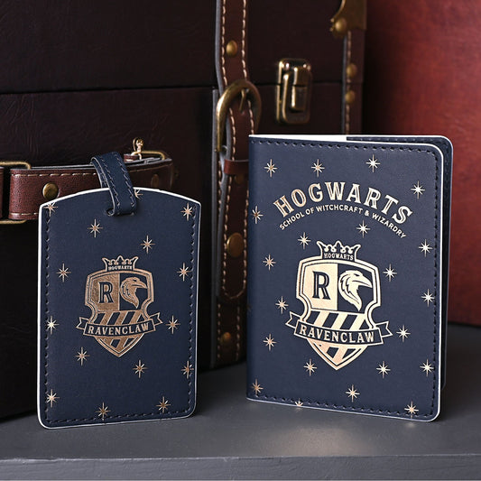 Ravenclaw passport holder and luggage tag, dark blue with Hogwarts crest and gold stars