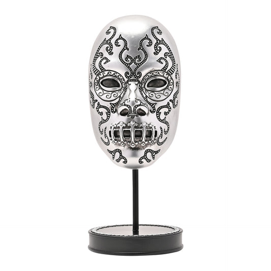 Silver skull Death Eater mask figurine on black stand base