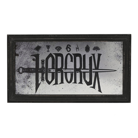Black framed mirrored plaque with 'HORCRUX' lettering and small dark icons