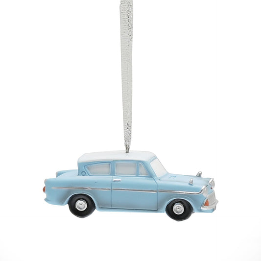 Resin tree decoration light-blue vintage car, side view with hanging loop