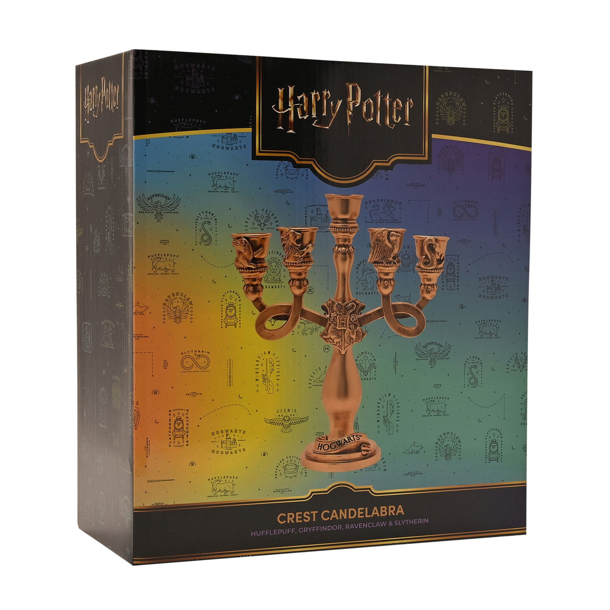 Harry Potter Crest Candelabra product box with gold-tone candelabra illustration