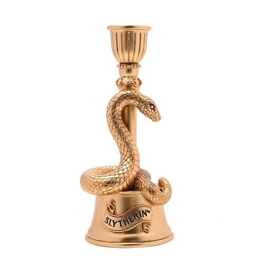 Gold-tone snake candle holder with Slytherin crest base and fluted cup
