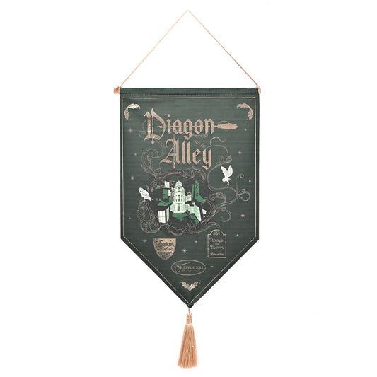Diagon Alley hanging banner in dark green with white illustrations and gold border, tassel