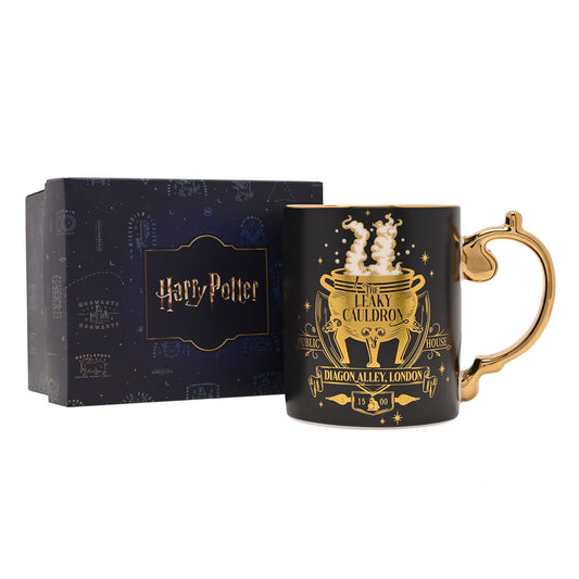 Dark mug with gold Leaky Cauldron emblem and curved gold handle