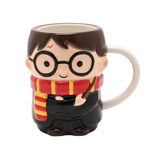 3D Harry character mug with round glasses, red scarf, striped collar, and dark robe