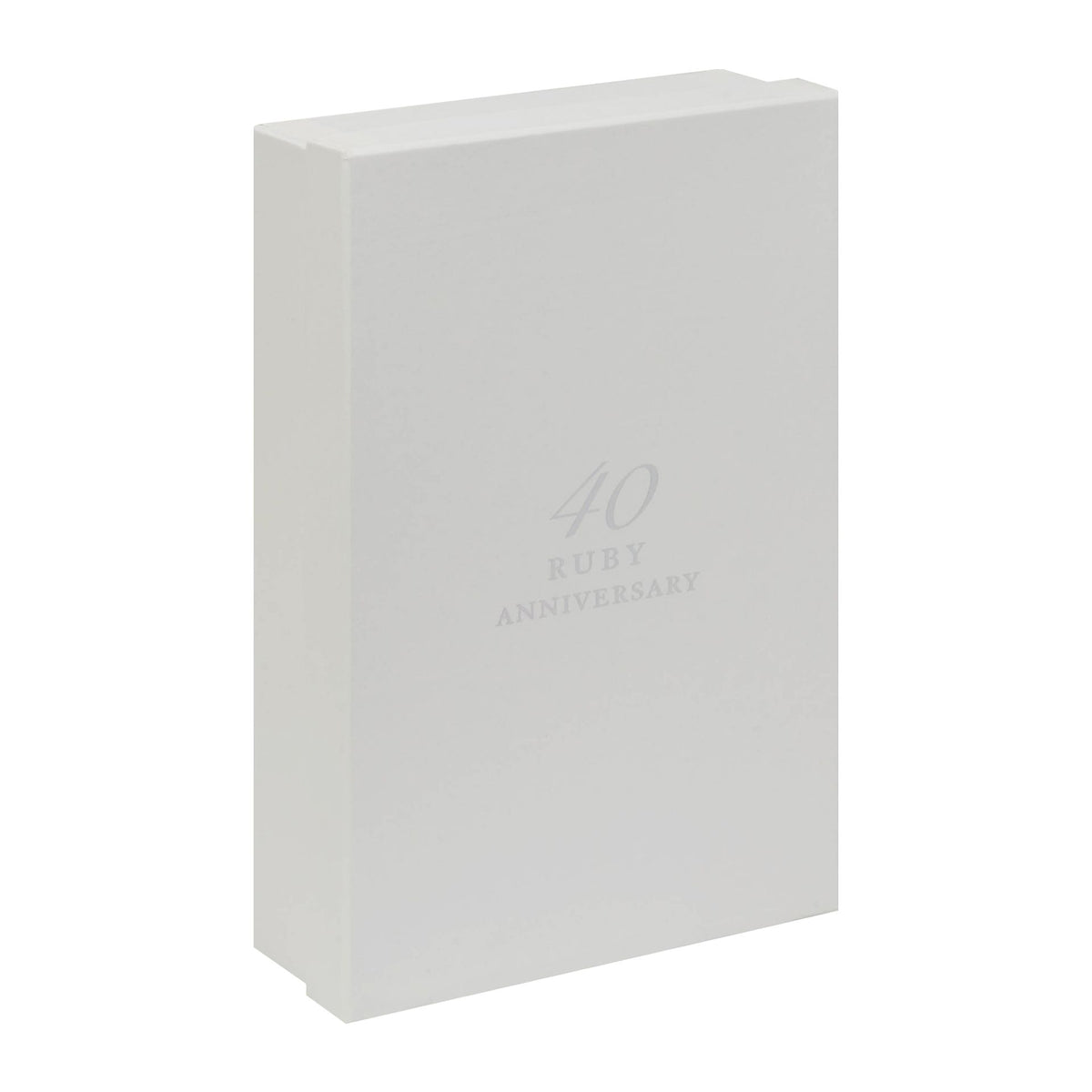 White presentation box with faint "40 Ruby Anniversary" logo on the front