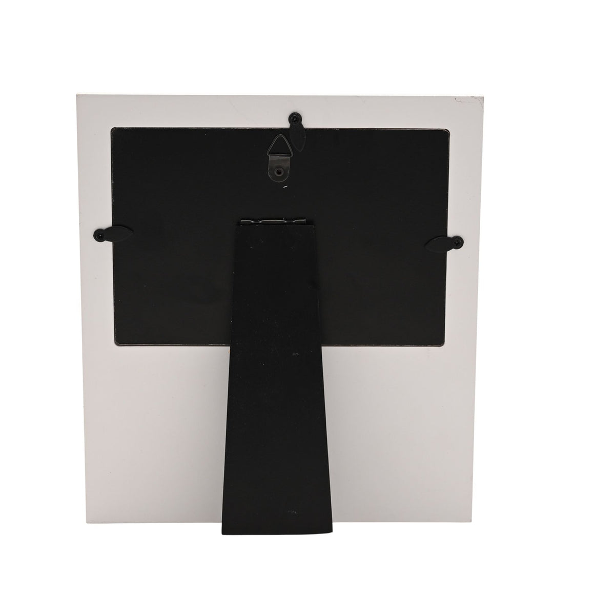 Back view of silver 6x4 inch photo frame with hanging hook and stand