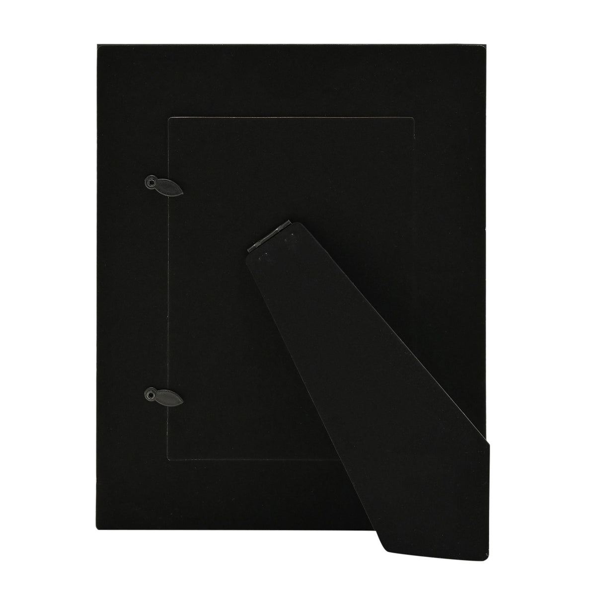 Black back of a 5x7 photo frame with hanging loops and a fold-out stand