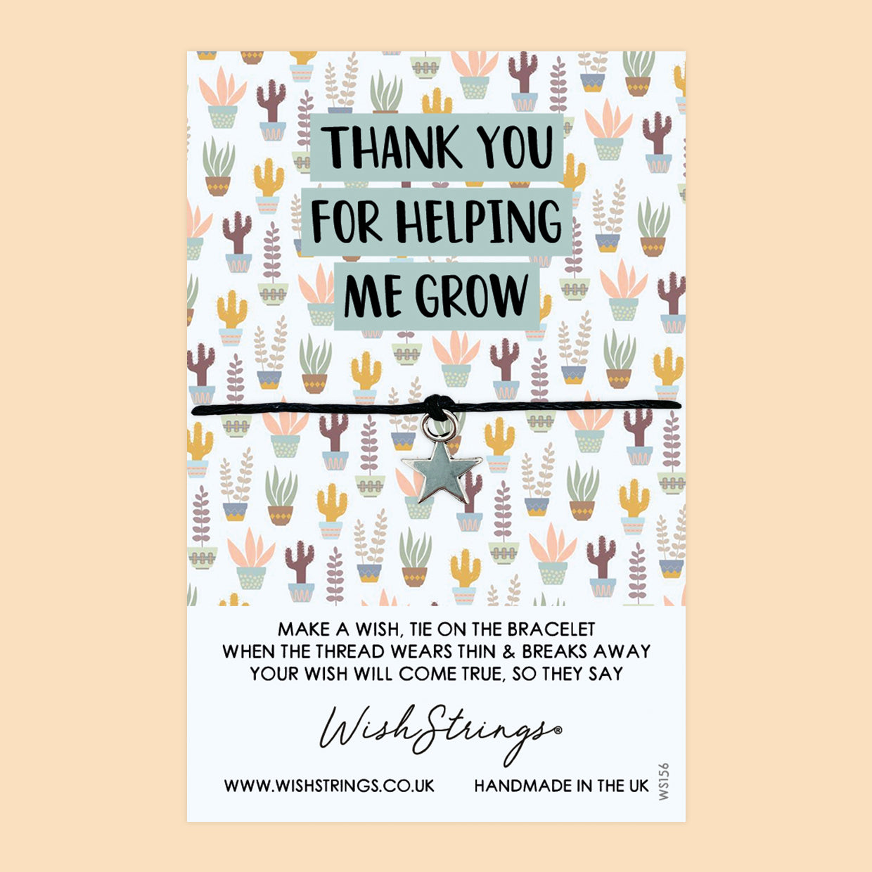 WishStrings ‘Thank You for Helping Me Grow’ Wish Bracelet | Thoughtful Gift to Say Thanks | Cactus Pattern Design for Appreciation