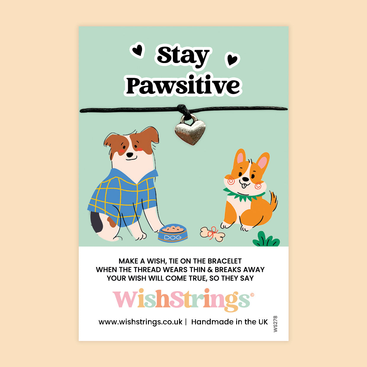 WishStrings Wish Bracelet – Stay Pawsitive Dog Gift | Motivational Pet-Themed Keepsake | Handmade Positivity Bracelet | Heart Charm on Cute Dog Card