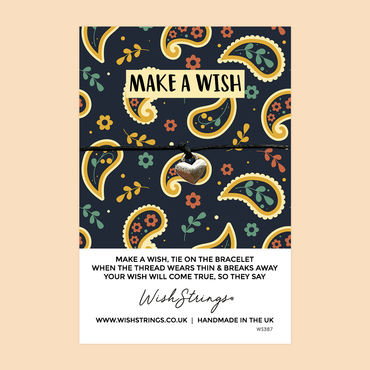 WishStrings ‘Make a Wish’ Paisley Pattern Wish Bracelet | Thoughtful Gift | Meaningful Keepsake for Positivity & Dreams