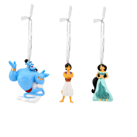 Disney hanging ornaments—Genie, Aladdin, and Jasmine on silver glitter cords