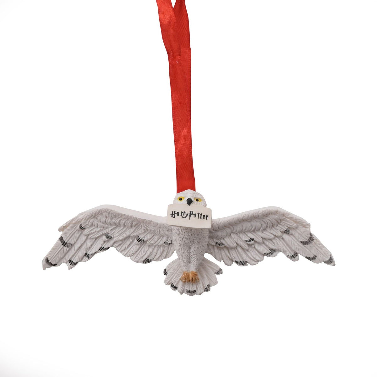 Resin owl tree ornament with red hanging ribbon, 'Harry Potter' tag