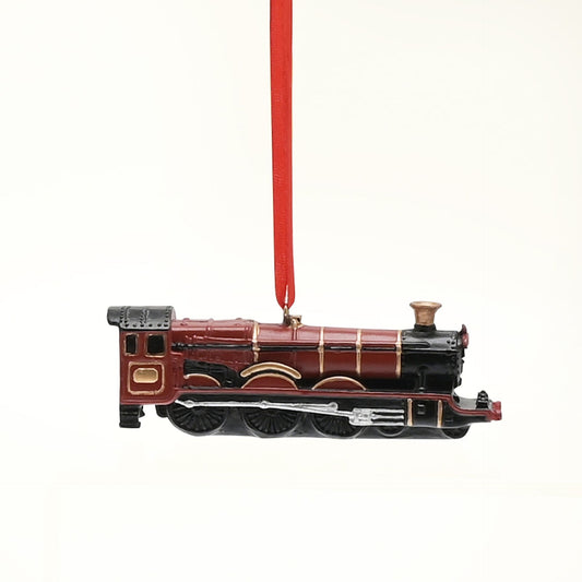 Resin train ornament with red ribbon loop, maroon steam locomotive and front detail