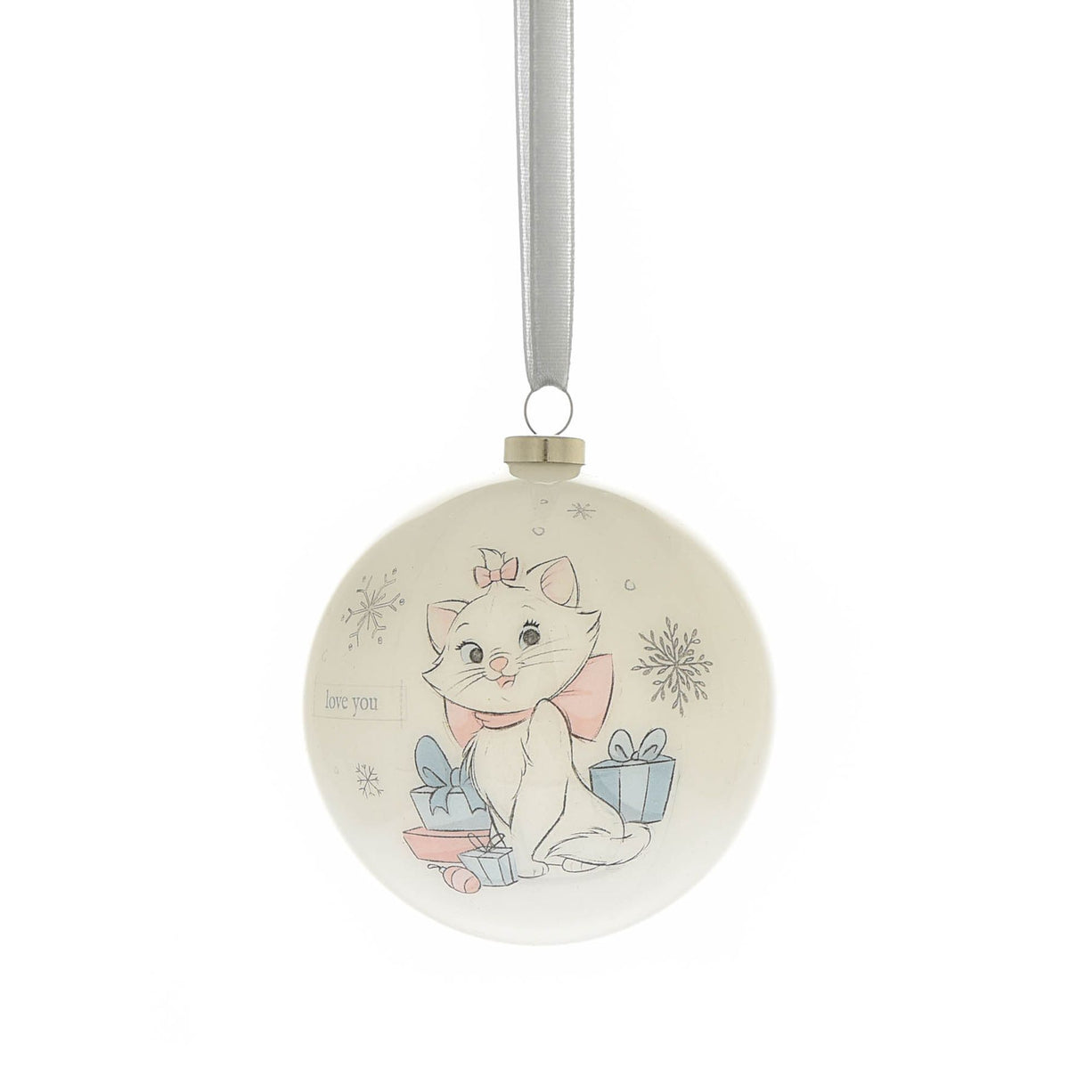 Round Christmas bauble with bunny holding a gift cartoon, snowflake accents, hanging by ribbon