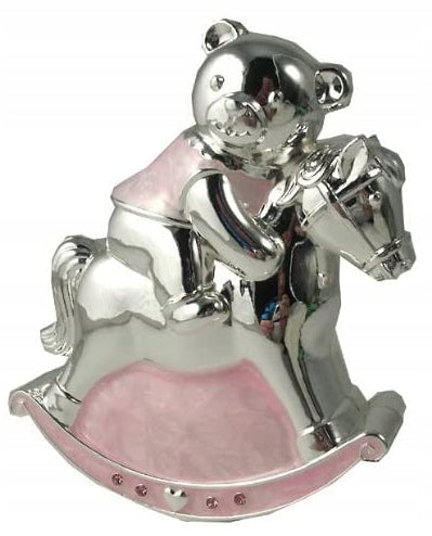 Silver Plated Pink Enamelled Rocking Horse With Teddy Money Box