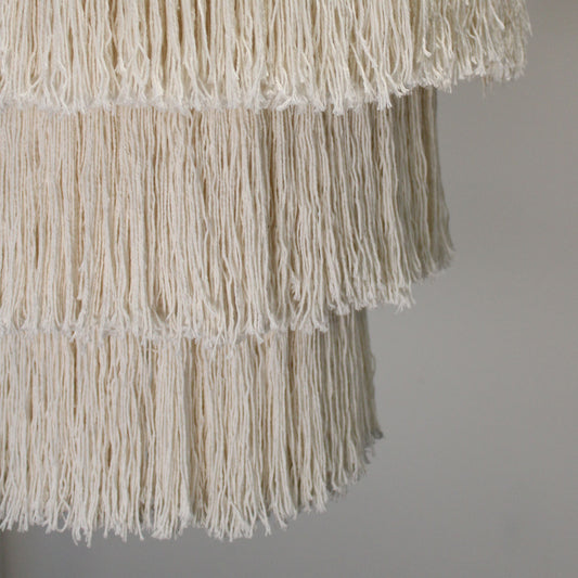 Natural macrame chandelier shade with vertical tassel fringe edge
