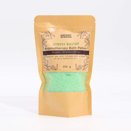 Ancient Wisdom Stress Buster bath potion kraft bag with green granules, 350 g