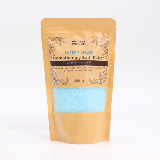 Front view kraft bag bath potion with blue salts, 350 g, Ancient Wisdom Sleepy Head