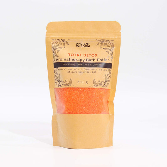 Standing kraft bag labeled Ancient Wisdom Total Detox aromatherapy bath potion, 350 g