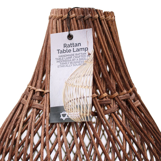 Dark brown rattan lamp shade with crisscross weave and hanging identification tag