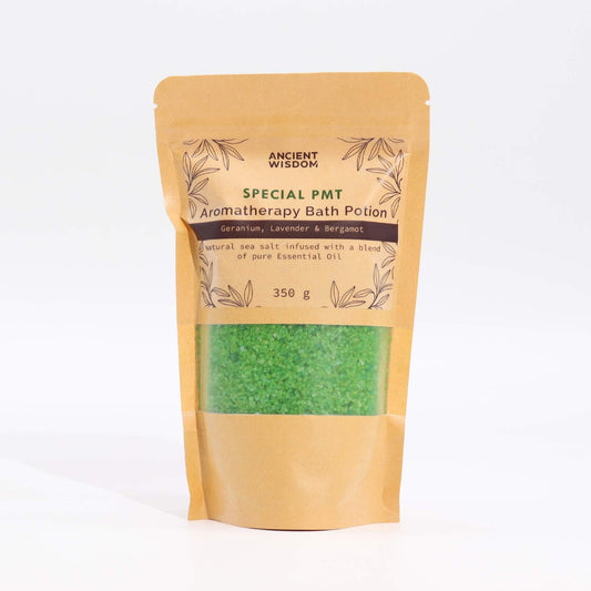 Kraft aromatherapy bath potion bag with stand-up pouch and clear window of green salts