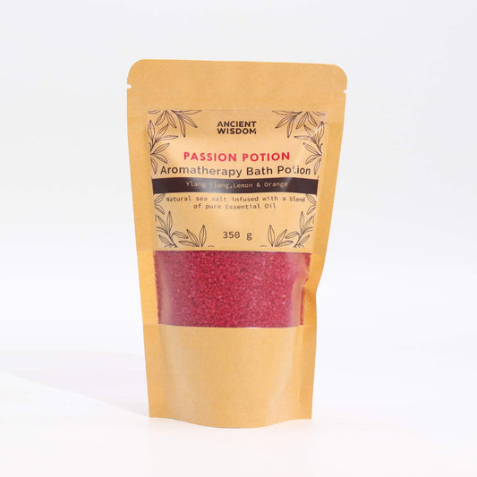 Kraft stand-up pouch for bath potion, Passion scent, with visible red granules