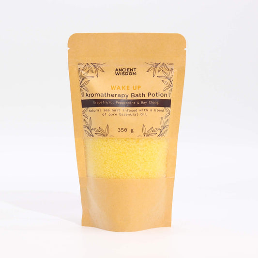 Aromatherapy bath potion kraft pouch with Wake Up label, 350 g, yellow crystals