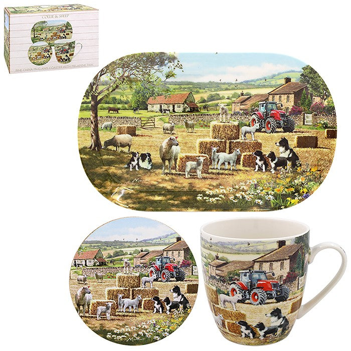 Collie & Sheep Mug Coaster & Tray Set