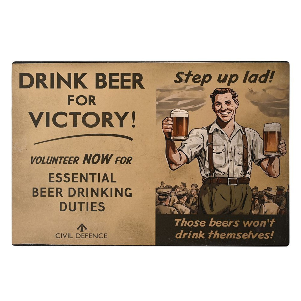 Civil Defence wall plaque with vintage beer mug graphic and bold 'DRINK BEER' text